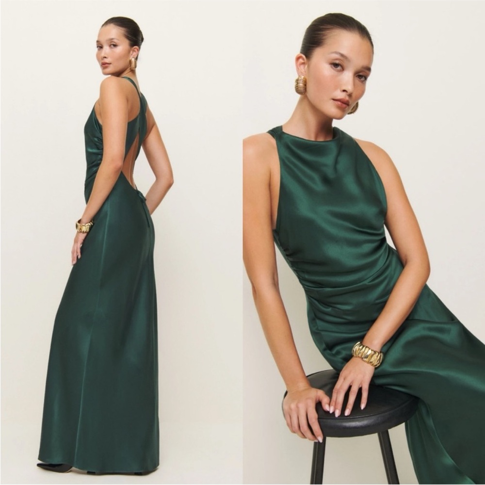 Reformation NWT 2 Anaiis Silk Maxi Dress Open Back Forest Green